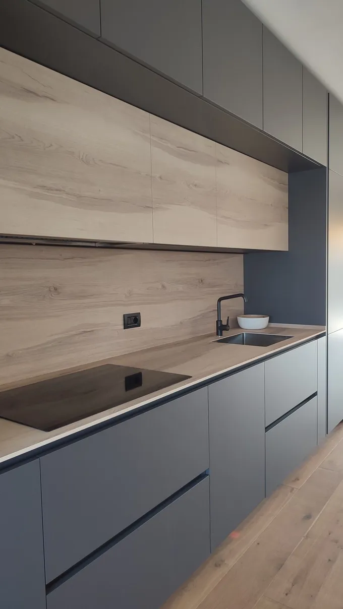 Custom grey kitchen with oak backsplash