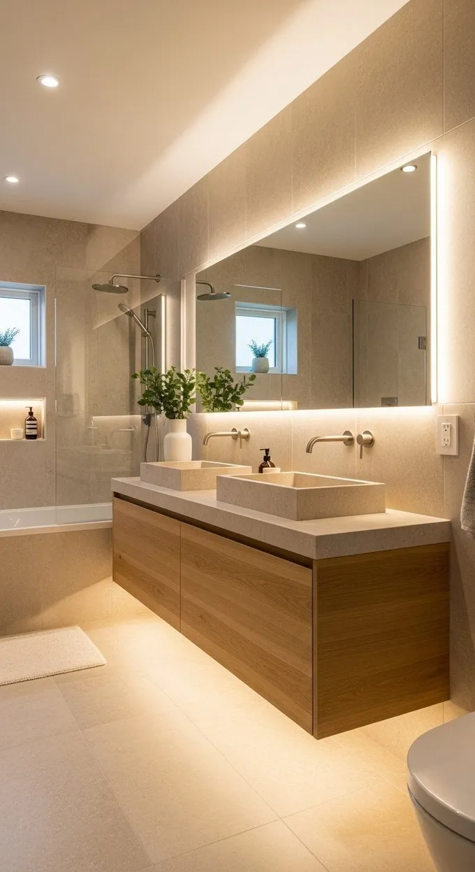 Oak bathroom vanity with LED lighting
